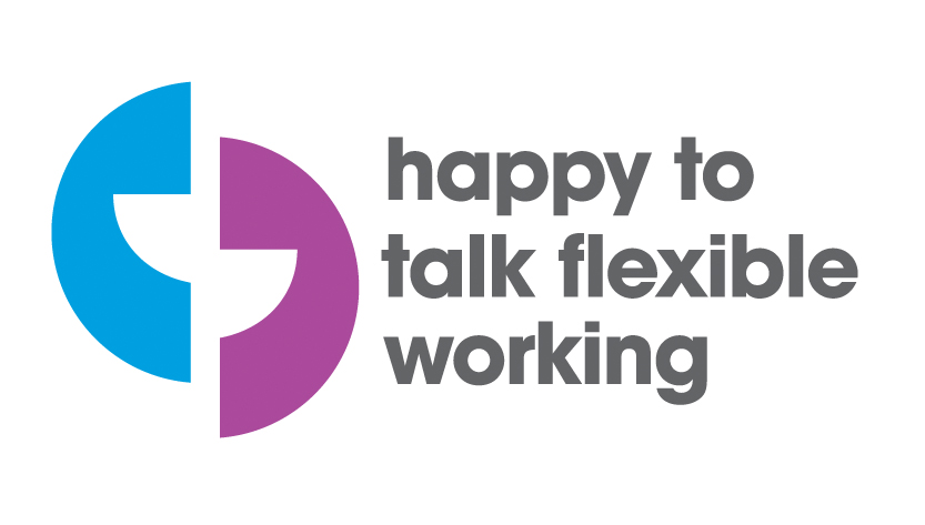 Flexible working logo of the Working Families organisation, comprising 2 stylised quotation marks and the legend 'happy to talk flexible working'
